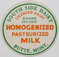 Vintage milk bottle cap SOUTH SIDE DAIRY Homogenized Butte Montana new old stock