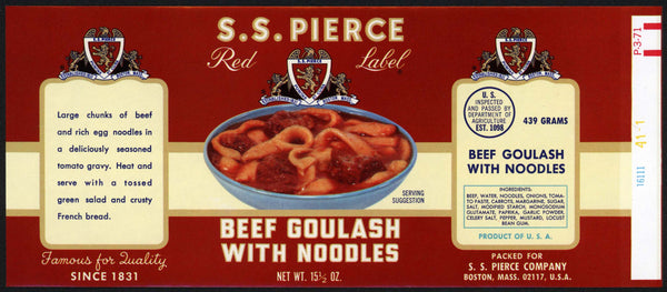 Vintage label S S PIERCE Beef Goulash With Noodles Boston Massachusetts n-mint+