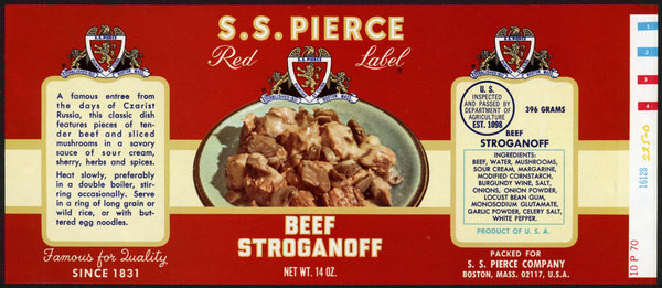 Vintage label S S PIERCE Beef Stroganoff pictured Boston Massachusetts n-mint+
