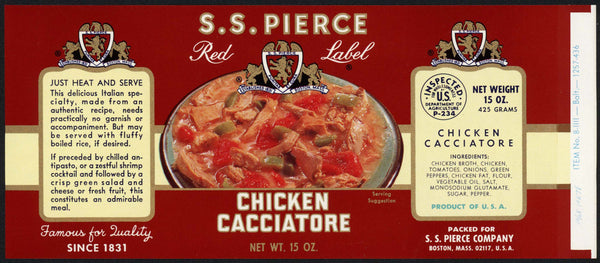 Vintage label S S PIERCE Chicken Cacciatore pictured Boston Massachusetts n-mint+