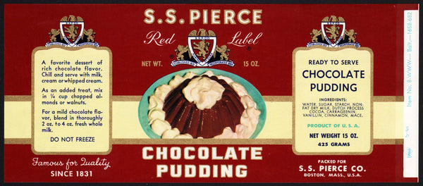 Vintage label S S PIERCE Chocolate Pudding pictured Boston Massachusetts n-mint+