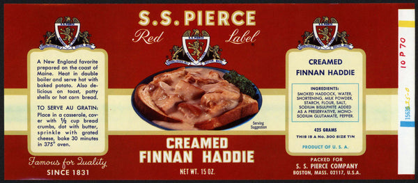 Vintage label S S PIERCE Creamed Finnan Haddie pictured Boston Massachusetts