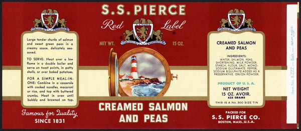 Vintage label S S PIERCE Creamed Salmon And Peas lighthouse pictured Boston Mass