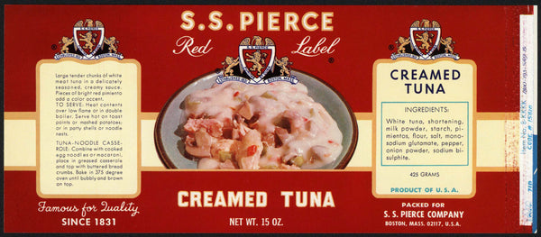 Vintage label S S PIERCE Creamed Tuna pictured Boston Massachusetts n-mint+
