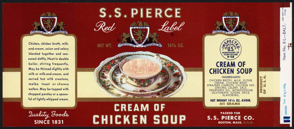 Vintage label S S PIERCE Creamed of Chicken Soup Boston Massachusetts n-mint+