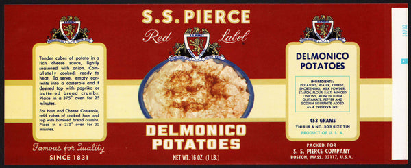 Vintage label S S PIERCE Delmonico Potatoes pictured Boston Massachusetts n-mint+