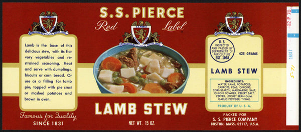 Vintage label S S PIERCE Lamb Stew pictured Boston Massachusetts unused n-mint+