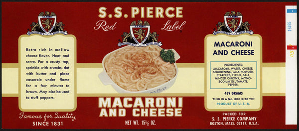 Vintage label S S PIERCE Macaroni And Cheese Boston Massachusetts unused n-mint+