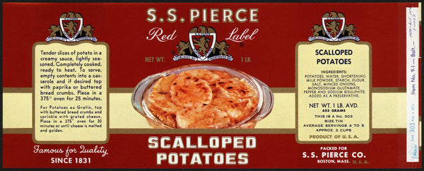 Vintage label S S PIERCE Scalloped Potatoes Boston Massachusetts unused n-mint+