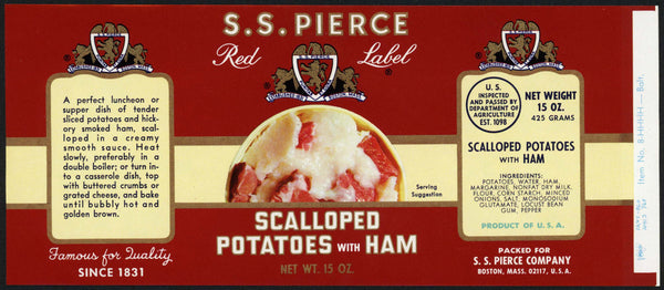 Vintage label S S PIERCE Scalloped Potatoes with Ham Boston Massachusetts n-mint+