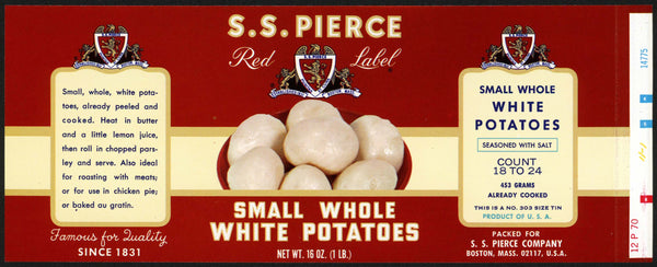 Vintage label S S PIERCE Small Whole White Potatoes Boston Massachusetts n-mint+