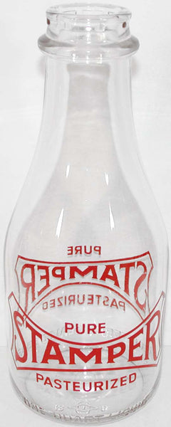 Vintage milk bottle STAMPER Pure Pasteurized TRPQ pyro quart Moberly Missouri