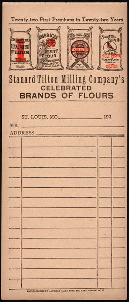 Vintage receipt STANARD TILTON MILLING St Louis MO 1920s flour sacks pic n-mint