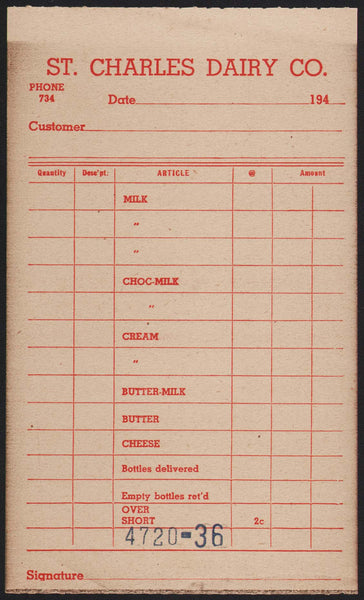 Vintage receipt ST CHARLES DAIRY CO dated 1940s Phone 734 Missouri unused n-mint