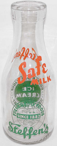 Vintage milk bottle STEFFENS DAIRY Safe Milk 2 color TRPQ pyro quart Wichita Kansas