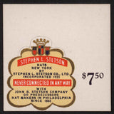 Vintage price tag STEPHEN L STETSTON Hats #1 Never Connected to John B Stetson