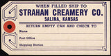 Vintage cream can tag STRAHAN CREAMERY Salina Kansas unused new old stock n-mint