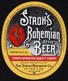 Vintage label STROHS BOHEMIAN BEER The Stroh Brewery Detroit oval shaped n-mint+