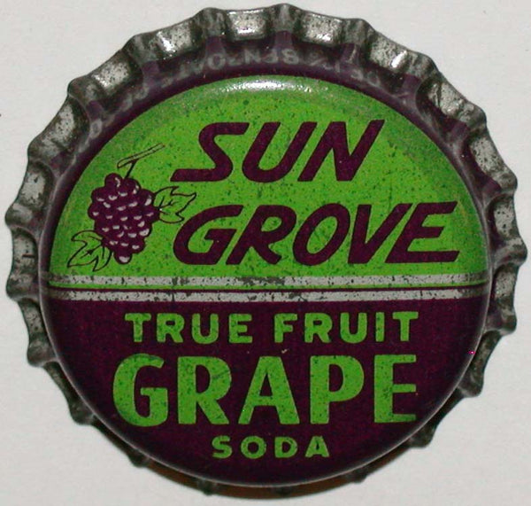 Vintage soda pop bottle cap SUN GROVE GRAPE picturing grapes Boston Mass unused