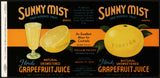 Vintage label SUNNY MIST Grapefruit Juice #2 Lake Wales Florida 1935 n-mint