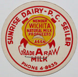 Vintage milk bottle cap SUNRISE DAIRY P C Seiler Raw Phone 4-8635 Wichita Kansas