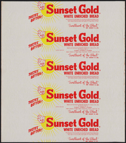 Vintage bread wrapper SUNSET GOLD 1959 Piggly Wiggly Stores Wisconsin Florida