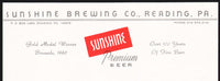 Vintage letterhead SUNSHINE PREMIUM BEER Reading Pennsylvania unused n-mint+