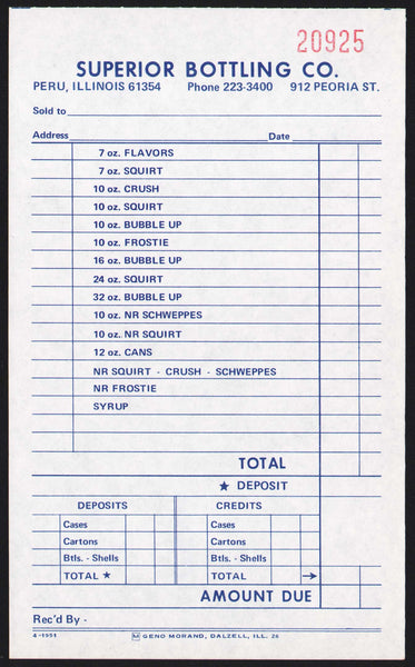 Vintage receipt SUPERIOR BOTTLING CO Squirt Crush Frostie Peru Illinois n-mint+