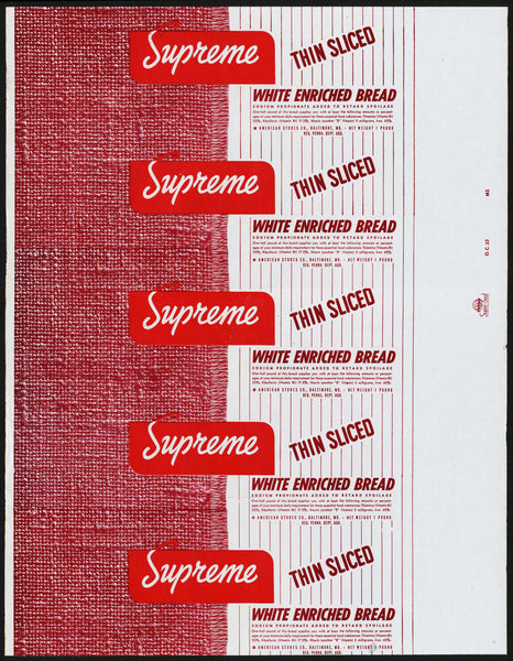 Vintage bread wrapper SUPREME THIN SLICED American Stores 1954 Baltimore MD
