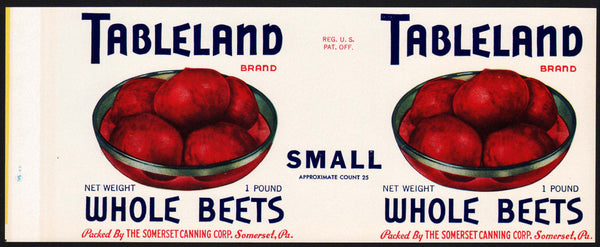Vintage label TABLELAND Whole Beets pictured Somerset Canning Pennsylvania n-mint+