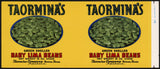 Vintage label TAORMINAS Baby Lima Beans pictured Donna Texas new old stock n-mint+