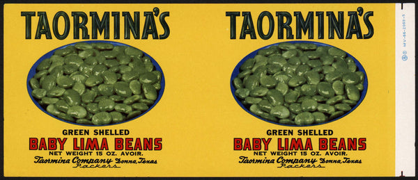 Vintage label TAORMINAS Baby Lima Beans pictured Donna Texas new old stock n-mint+