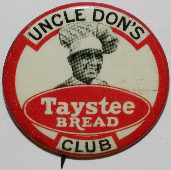 Vintage pinback pin TAYSTEE BREAD Uncle Dons Club with man pictured excellent++