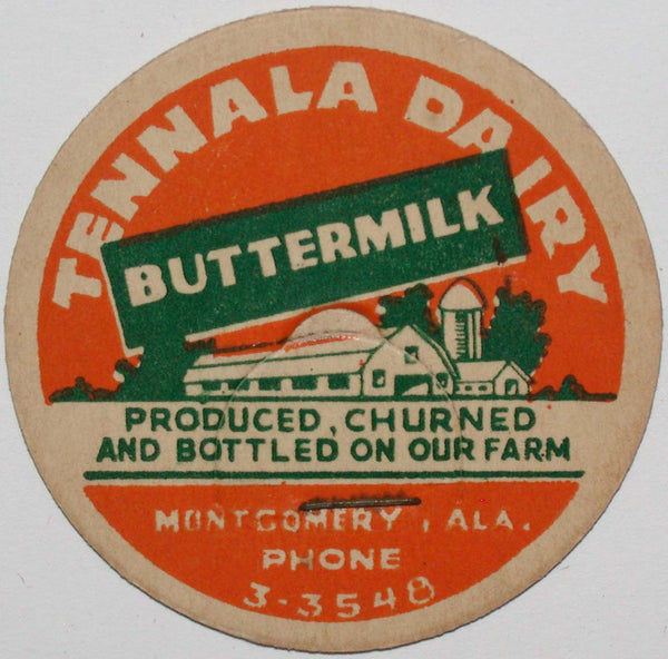 Vintage milk bottle cap TENNALA DAIRY Buttermilk farm pictured Montgomery Alabama