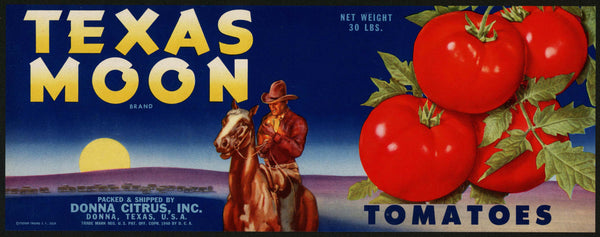 Vintage label TEXAS MOON Tomatoes man on horse 1940 Donna Citrus Texas n-mint+