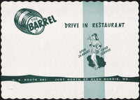 Vintage placemat THE BARREL Drive In Restaurant carhop pictured Glen Burnie MD