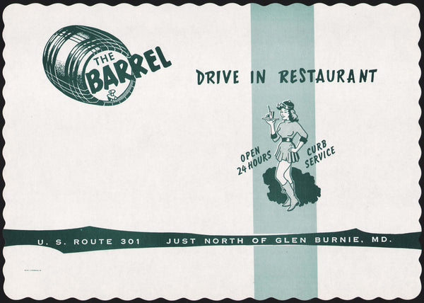 Vintage placemat THE BARREL Drive In Restaurant carhop pictured Glen Burnie MD