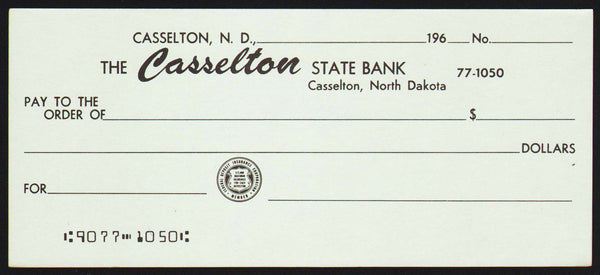 Vintage bank check THE CASSELTON STATE BANK dated 1960s Casselton North Dakota