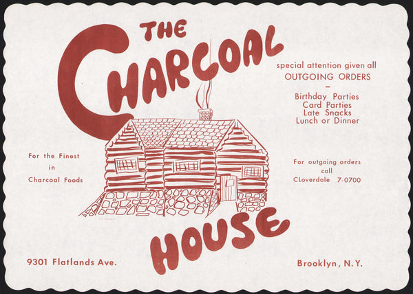 Vintage placemat THE CHARCOAL HOUSE restaurant pictured Brooklyn New York n-mint+