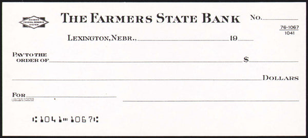 Vintage bank check THE FARMERS STATE BANK Lexington Nebraska unused n-mint+