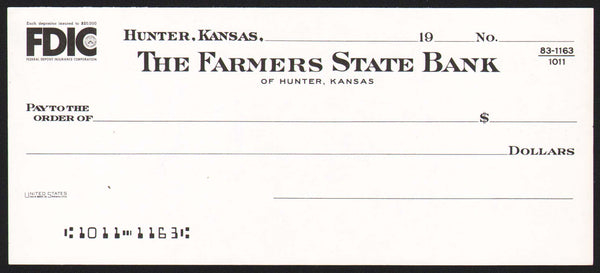 Vintage bank check THE FARMERS STATE BANK Hunter Kansas new old stock n-mint+