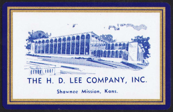 Vintage playing card THE H D LEE COMPANY building blue border Shawnee Mission KS