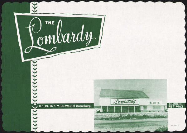 Vintage placemat THE LOMBARDY restaurant pictured 5 Miles West of Harrisburg PA