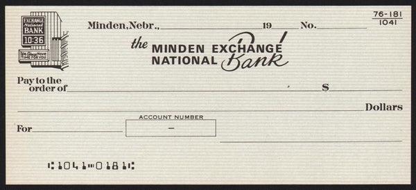 Vintage bank check THE MINDEN EXCHANGE NATIONAL BANK sign pictured Minden Nebraska