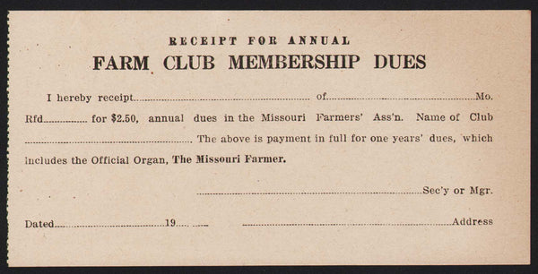 Vintage receipt THE MISSOURI FARMER Farm Club Membership Dues new old stock n-mint