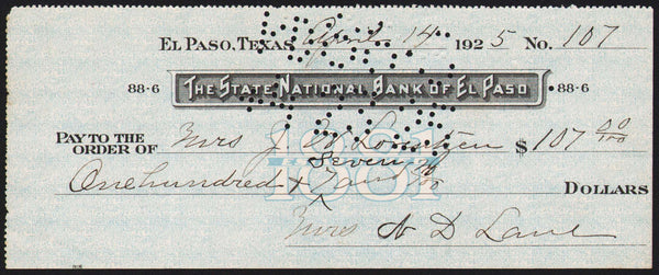 Vintage bank check THE STATE NATIONAL BANK OF EL PASO dated 1925 El Paso Texas