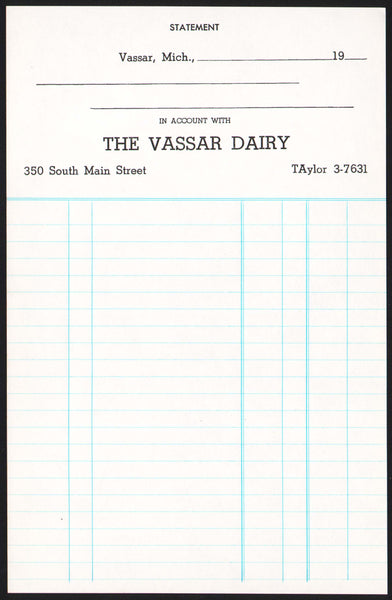 Vintage receipt THE VASSAR DAIRY Statement Taylor 3-7631 Vassar Michigan n-mint+