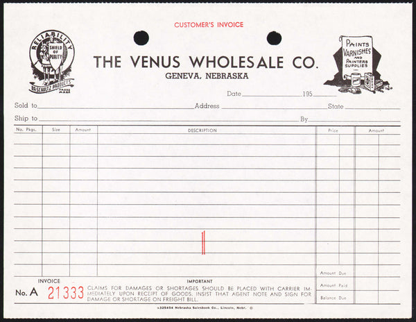 Vintage receipt THE VENUS WHOLESALE CO Paints Varnishes Geneva Nebraska 1950s