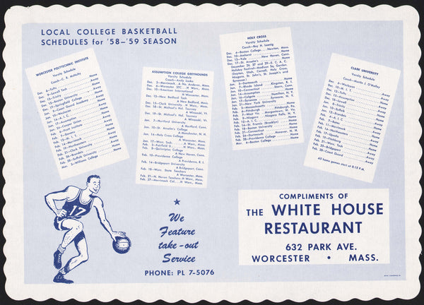 Vintage placemat THE WHITE HOUSE RESTAURANT basketball schedules Worcester Mass