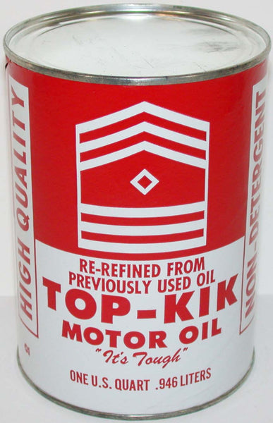 Vintage motor oil can TOP-KIK It's Tough Re-Refined round one quart size n-mint